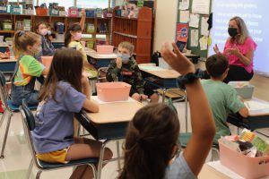 teacher teaching in a classroom to students