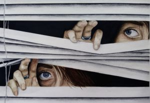 painting of person with big blue eyes looking through window blinds
