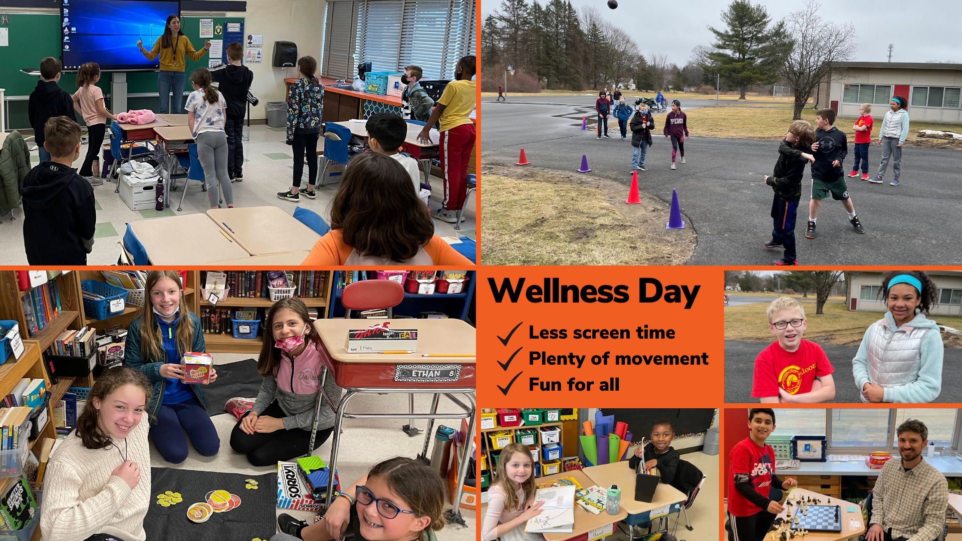 collage of photos showing students playing games, reading and smiling