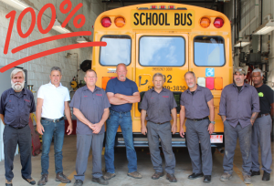 eight people pose in front of bus