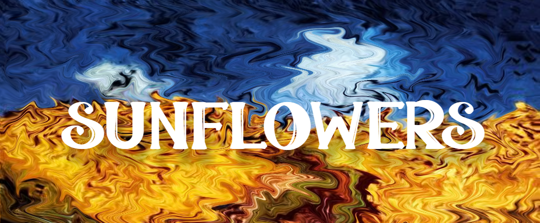 Blue and yellow swirled background with the word SUNFLOWERS in the foreground