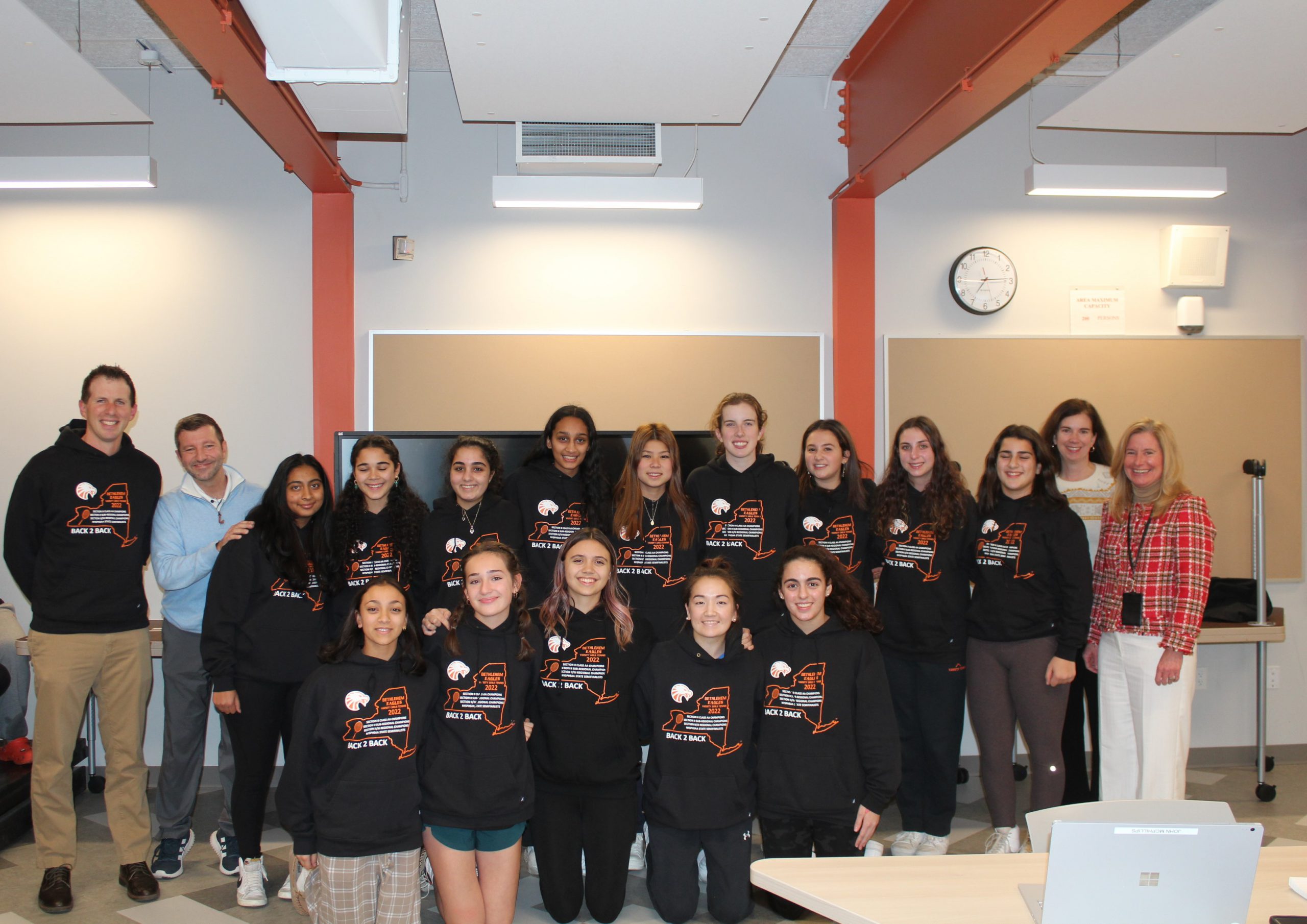 Girls Tennis Team pictured with Coach Chrapowitzky, Athletic Director Len Kies, Superintendent Jody Monroe, and Board of Education President Holly Dellenbough