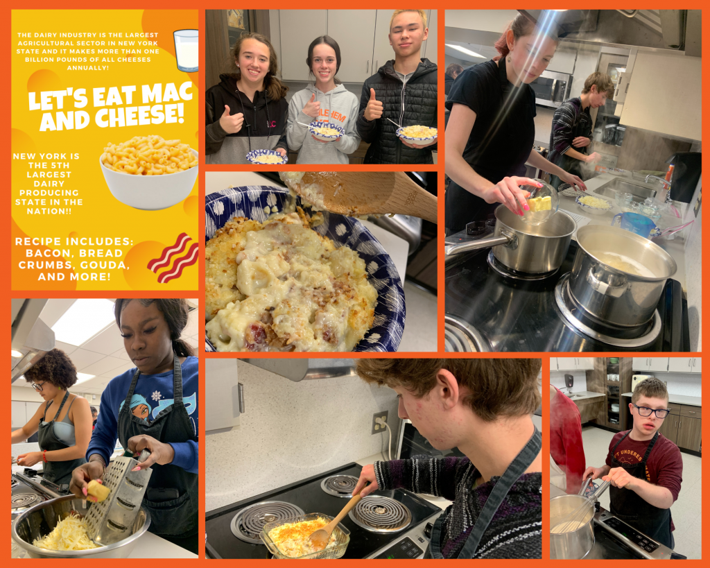 photo collage of students preparing macaroni and cheese