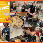 photo collage of students preparing macaroni and cheese