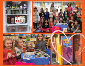 photo collage of children and food items and a refrigerator