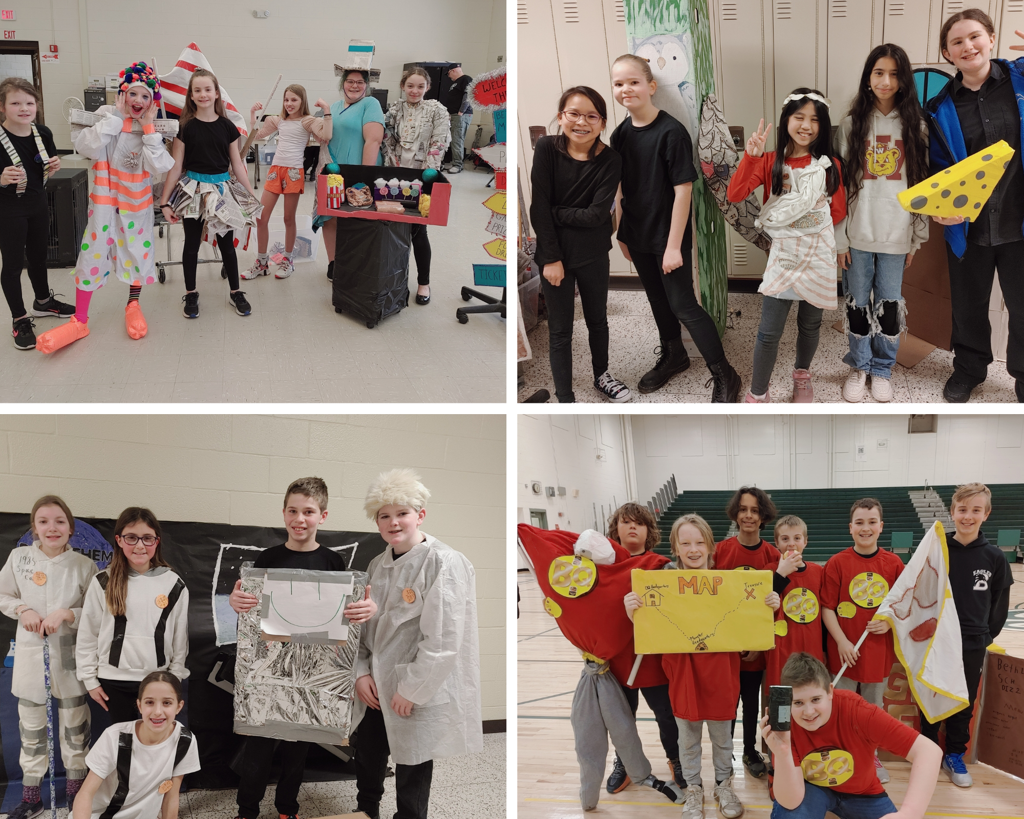 Four Odyssey of the mind teams pose with their props at the competition