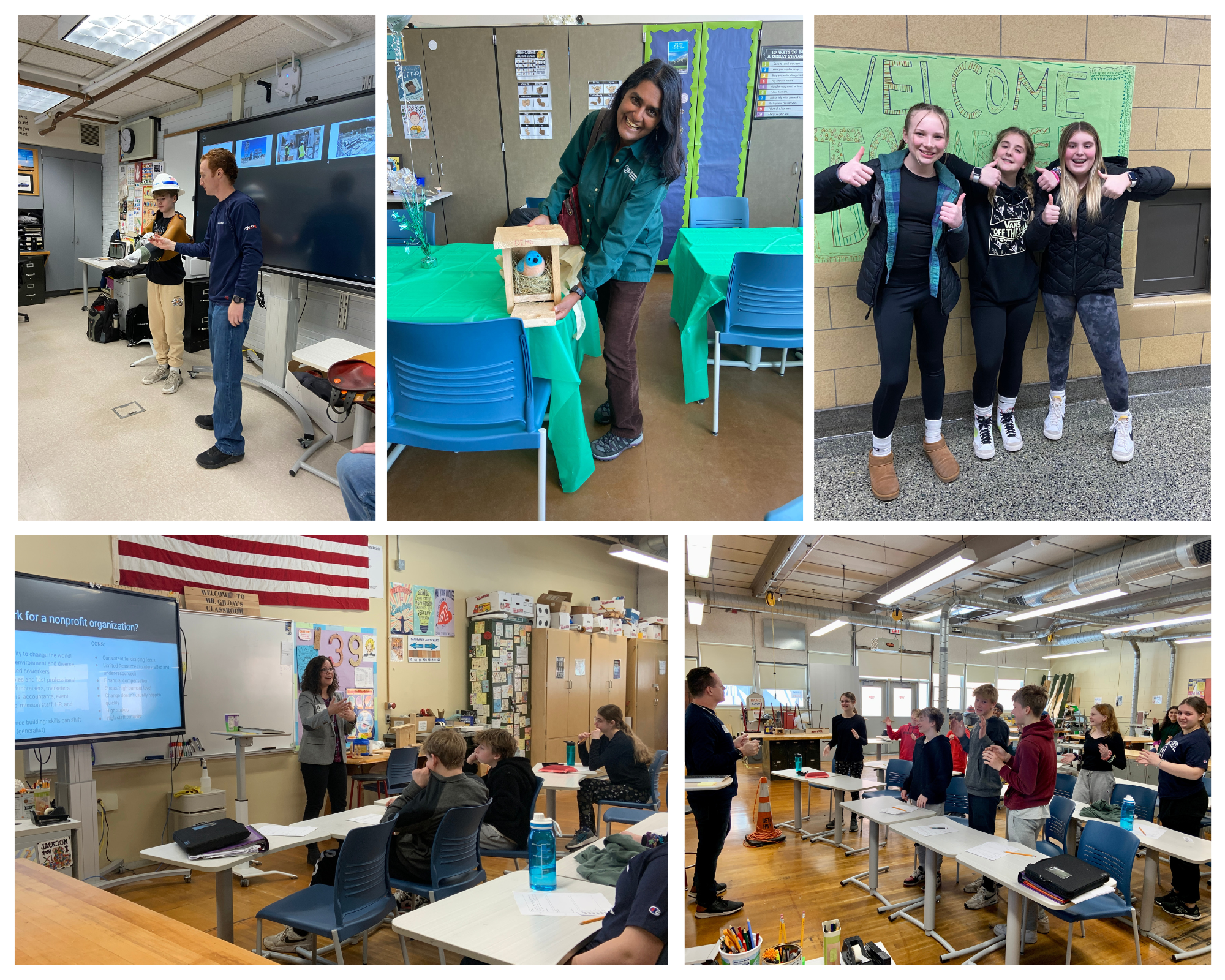 Images of various volunteers giving presentations and middle school students enjoying career day.