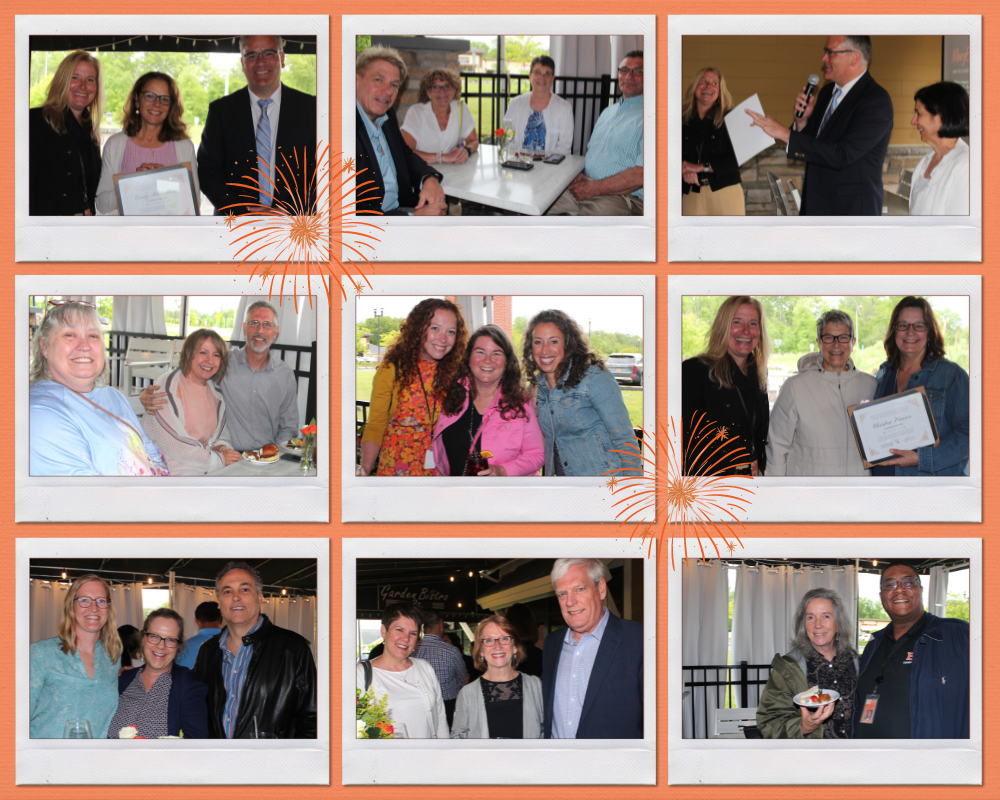 Collage of photos of retirees celebrating with their plaques