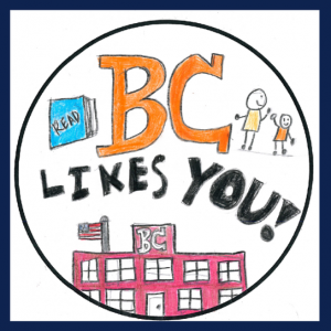 sticker with BC Likes you and school building with flag