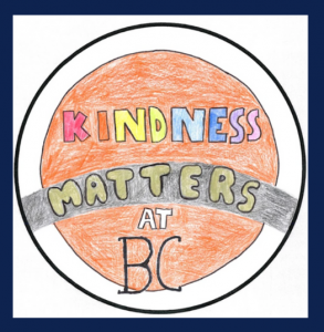 sticker with orange background that says kindness matters at BC