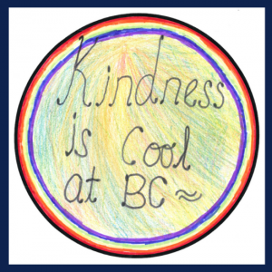 sticker with colorful background that says kindness is cool at BC