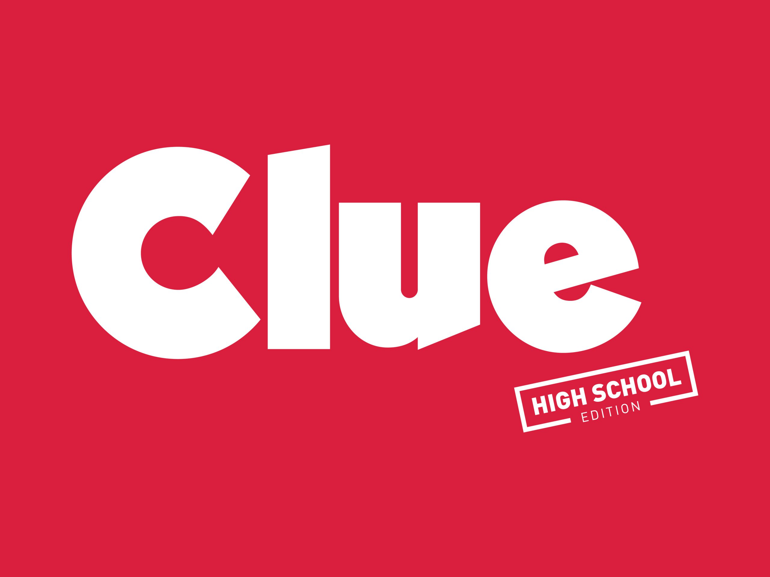 The word "Clue" in white on a red background.