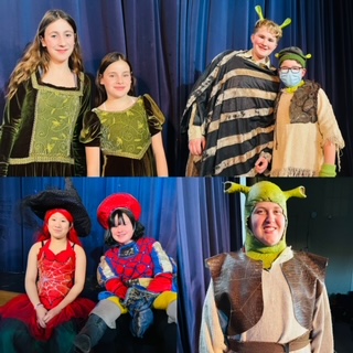 Collage of four images of students in costume performing Shrek The Musical JR.