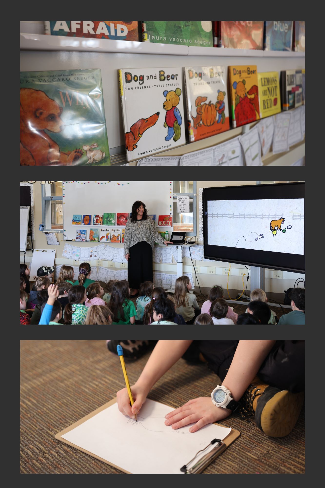 Photo Collage, from top to bottom: a photo of books by Laura Vaccaro Seeger, Laura giving a presentation to students, and a child creating an illustration.