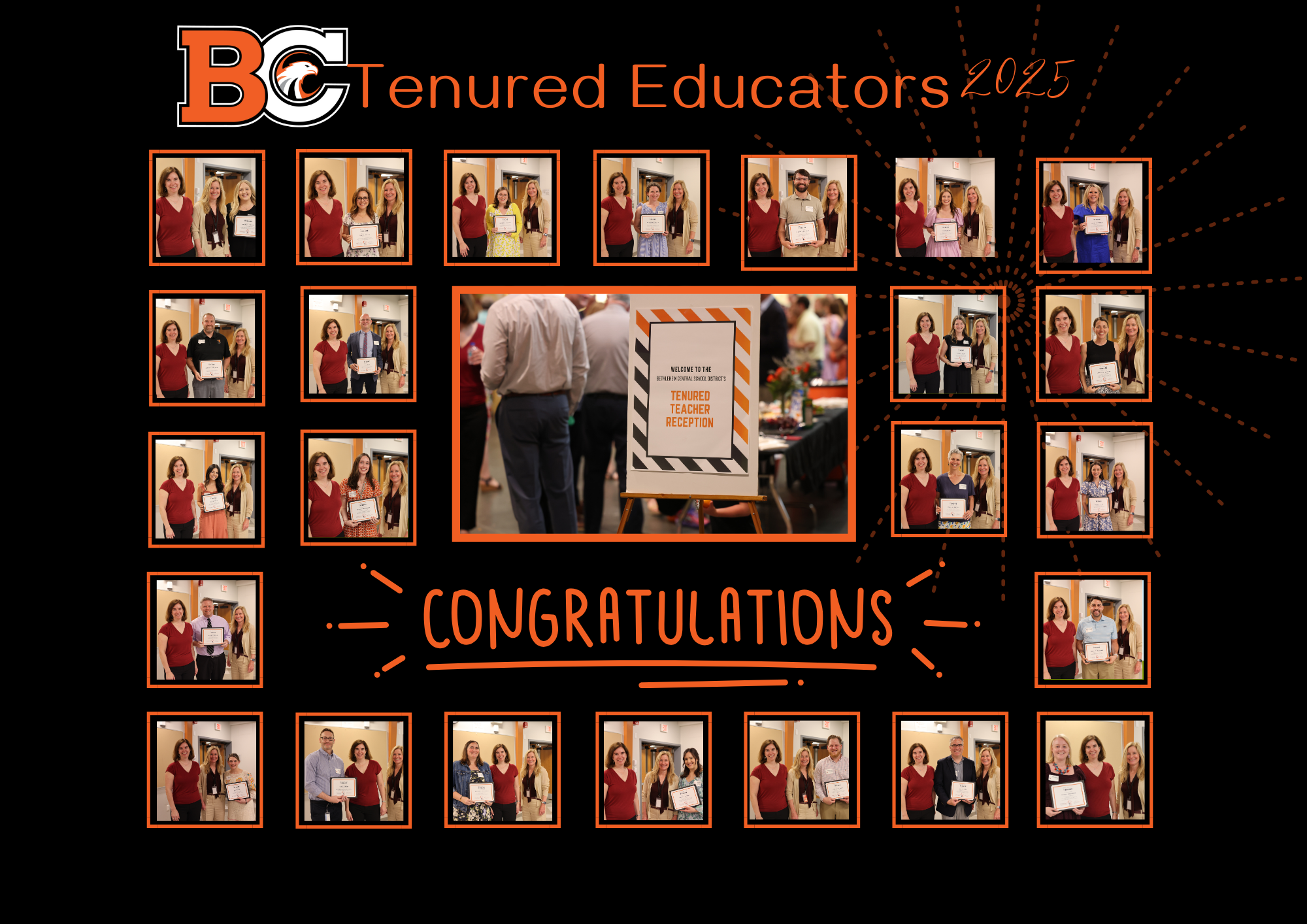 Photo collage of 2025 tenured educators with Board of Education President Holly Dellenbaugh and Superintendent Jody Monroe