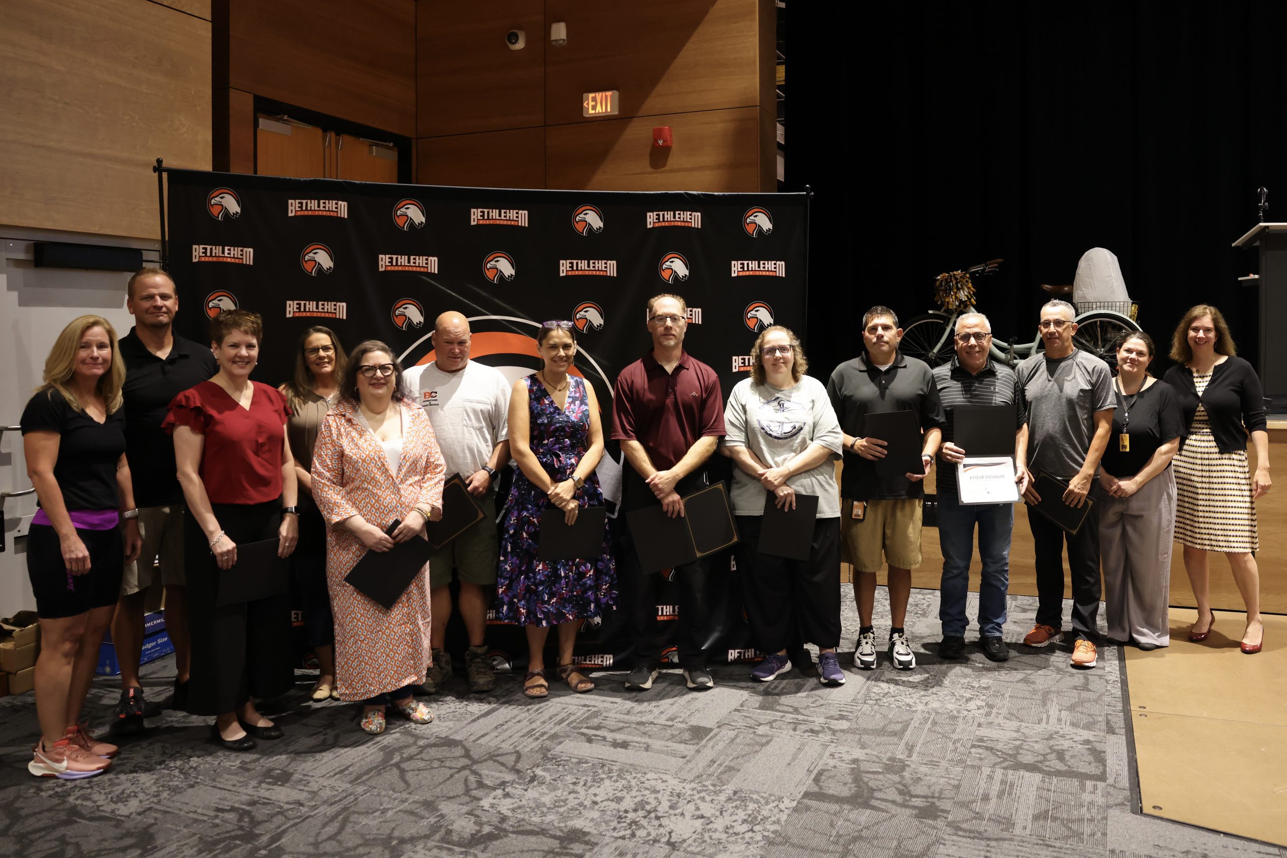 Photo of 25 year milestone employees with Superintendent Monroe and Board of Education President Holly Dellenbaugh BOE Vice President Meredith Moriarty