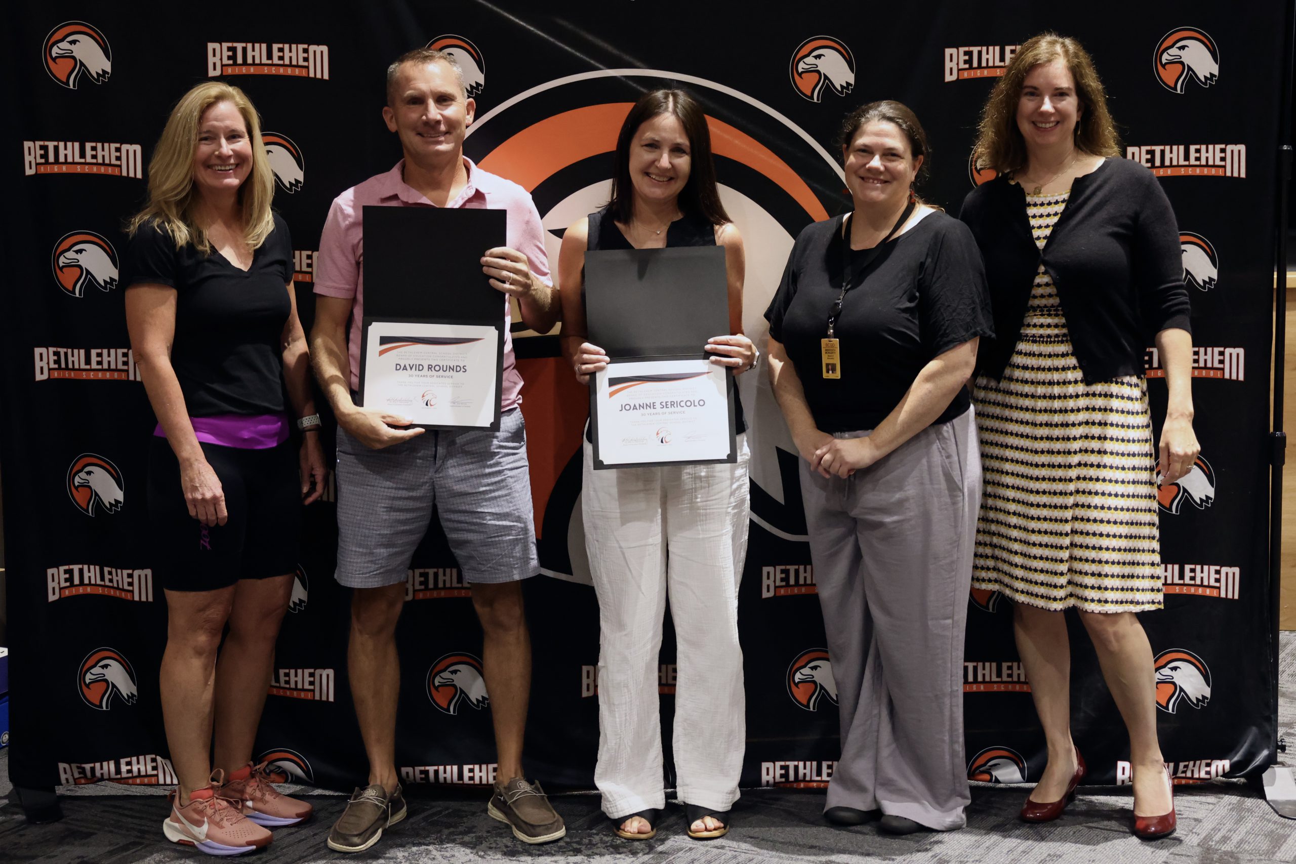 Image of 30 year milestone employees with Superintendent Jody Monroe, BOE President Holly Dellenbaugh and BOE Vice President Meredith Moriarty