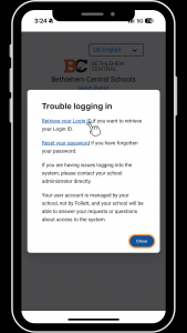 Screen view of Aspen app indicating where to click to  retrieve your login ID.