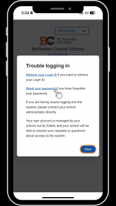 Screen view of Aspen app indicating where to click to reset password.