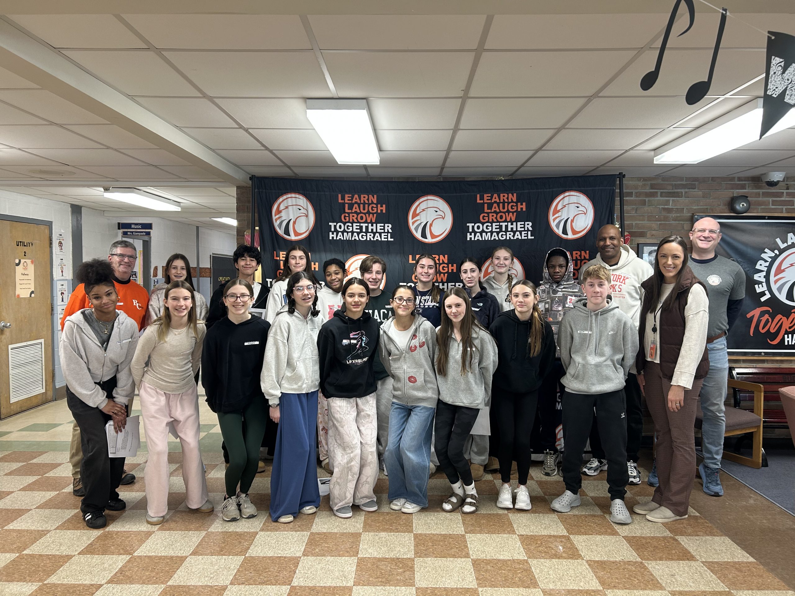 Image of the 2026 BCMS Kindness Leaders with Hamagrael Principal Ian Knox; Student Assistance Counselor Cyrilla Peluso, LMSW; Coordinator of Inclusive Practices and School Climate, Allan Gadsden; and BCMS Principal, Dr. Michael Klugman