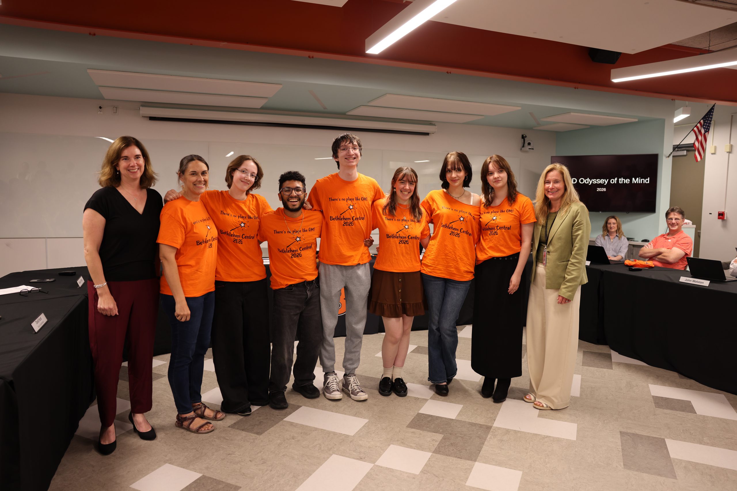 Image of the BCHS Odyssey of the Mind team with Board of Education President Holly Dellenbaugh and Superintendent Jody Monroe