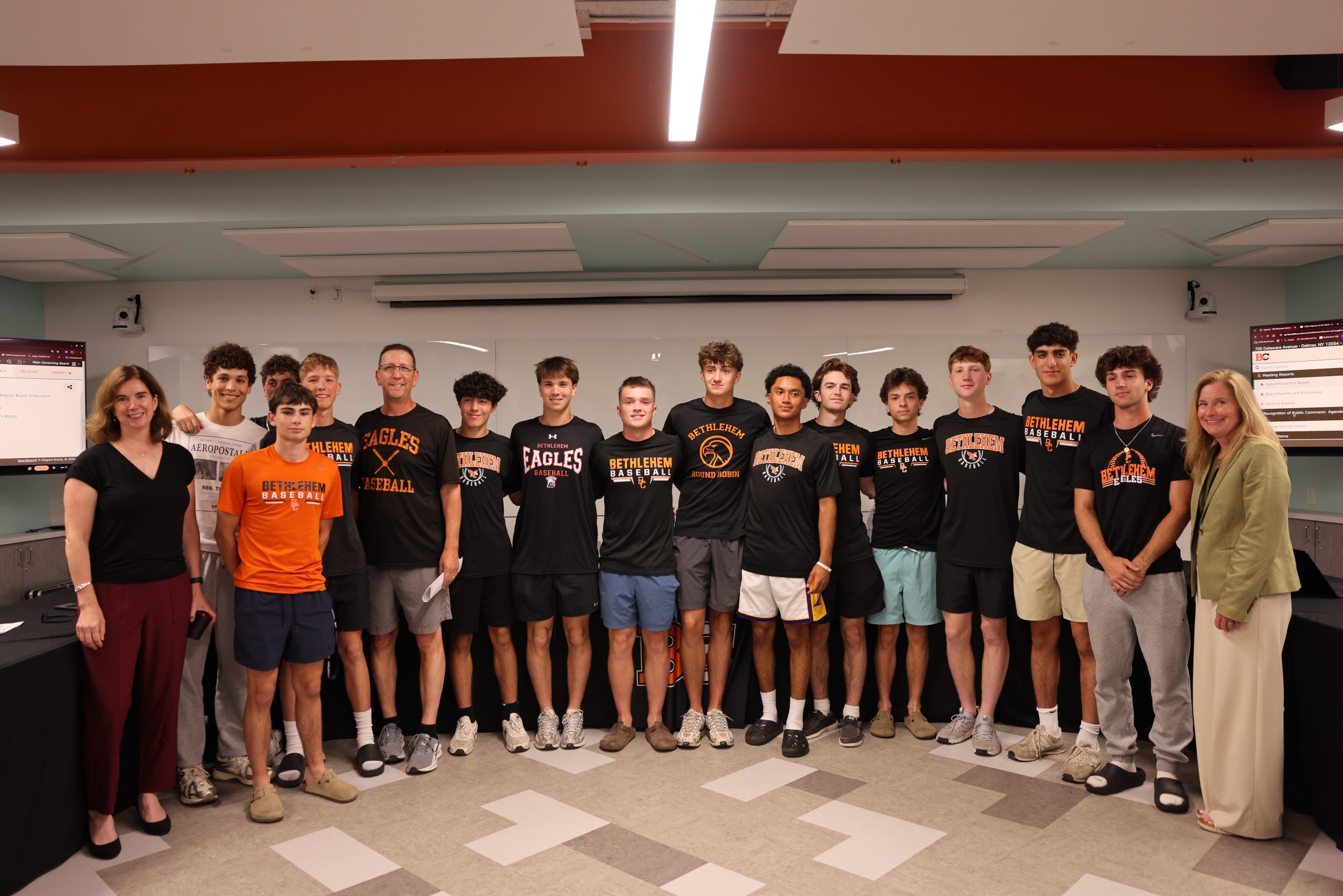 Image of Boys Baseball Team with BOE President Holly Dellenbaugh and Superintendent Jody Monroe