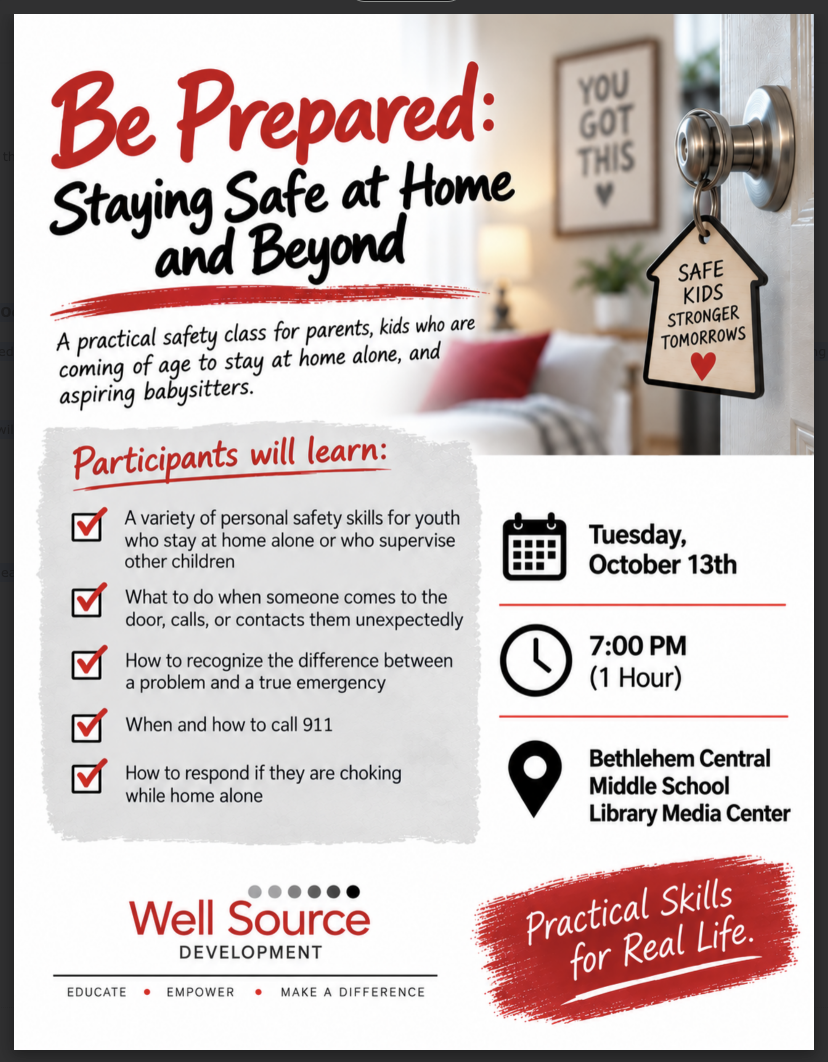 BCMS Fall PTO Community Meeting Staying safe at home flyer